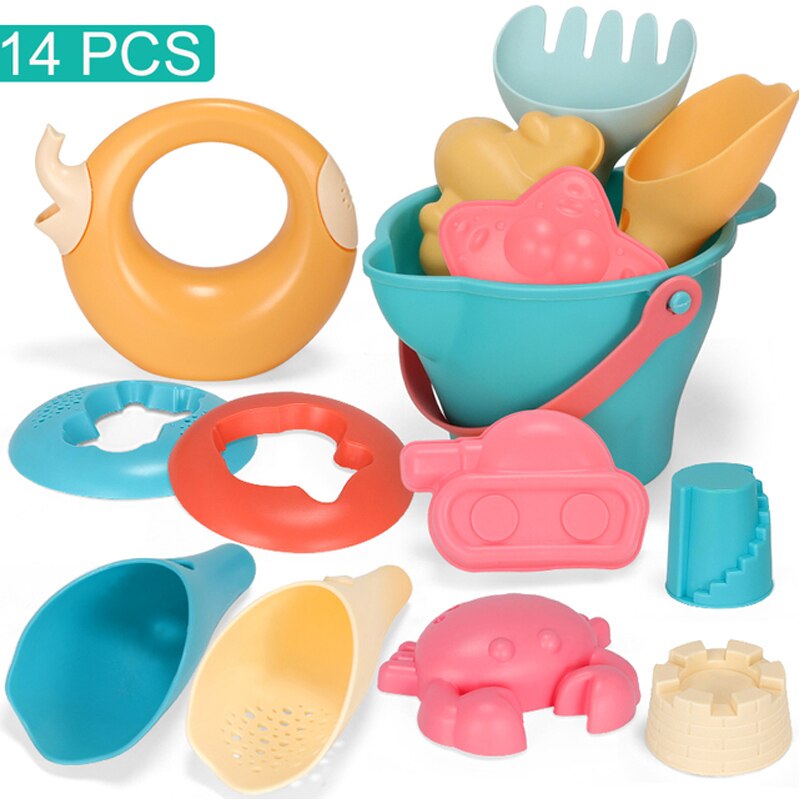 Kids Beach Toys Summer Soft Plastic Children Sandbox Set Kit Water Game Toys Play Sand Water Game Play Cart: 14PCS