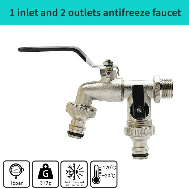 Outdoor garden faucet with 1 inlet and 2 outlets antifreeze faucet, equipped with double joint brass black faucet garden tool