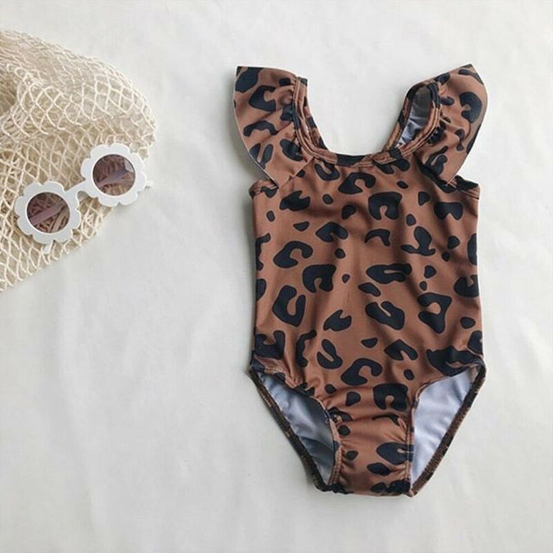 Trend toddler kids baby piger mørkebrunt leopardprint badetøj flæser badedragt badedragt i ét stykke