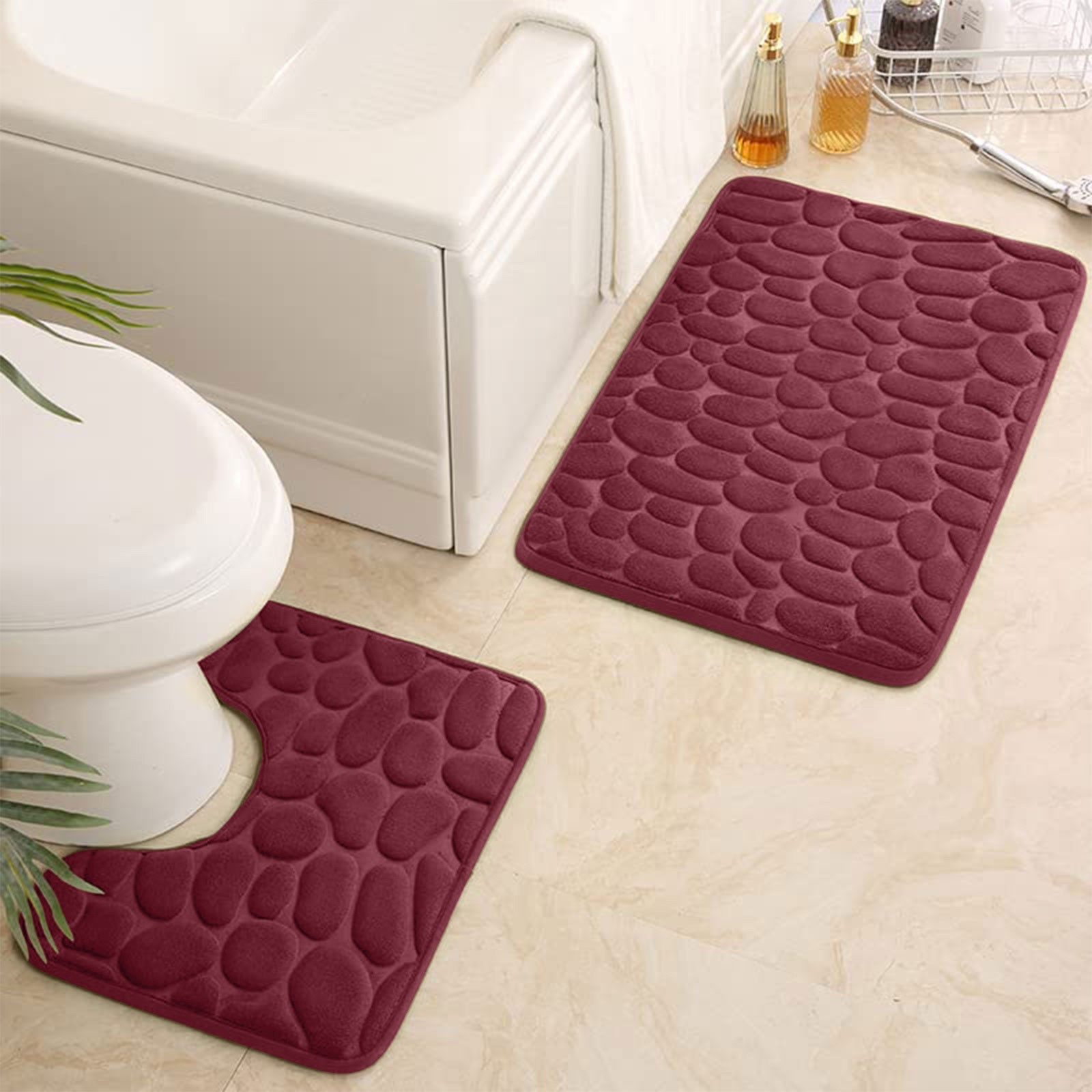 Non-Slip 50 X 80 Cm Bath Mat And 50 X 40 Cm Toilet Mat,2-Piece Bathroom Rug Set, Soft Bath Mat Washable Bath Rugs For Bathroom: Burgundy