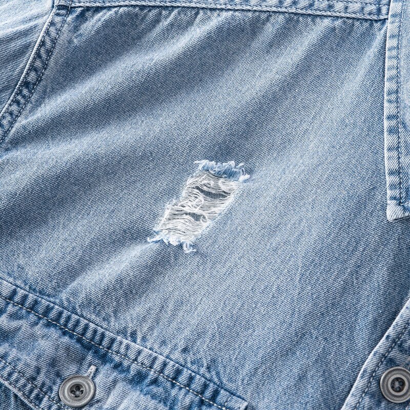 Ripped Denim Shirt for Men Turn-down Collar Cotton Vintage Tops Male Double Pocket Decoration Cowboy Clothes