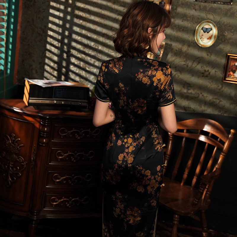 Sheng coco s -4xl plus size orientalisk klänning sexig svart chipao långa klänningar kvällsrayon siden cheongsam qipao