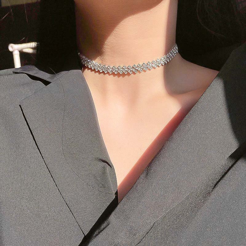 Shiny Rhinestone Choker Kettingen Voor Vrouwen Eenvoudige Korte Chokers Zilveren Kleur Collares Charm Sieraden Anniversary