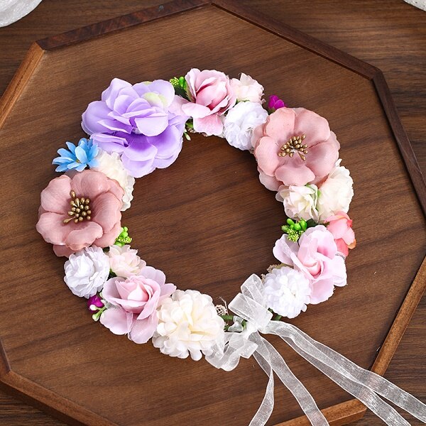 3 Artificial Flower Wreath Bride Women Flower Crown Hair Band Wedding Floral Headband Garland Ribbon Girl Hair Accessorie: Purple