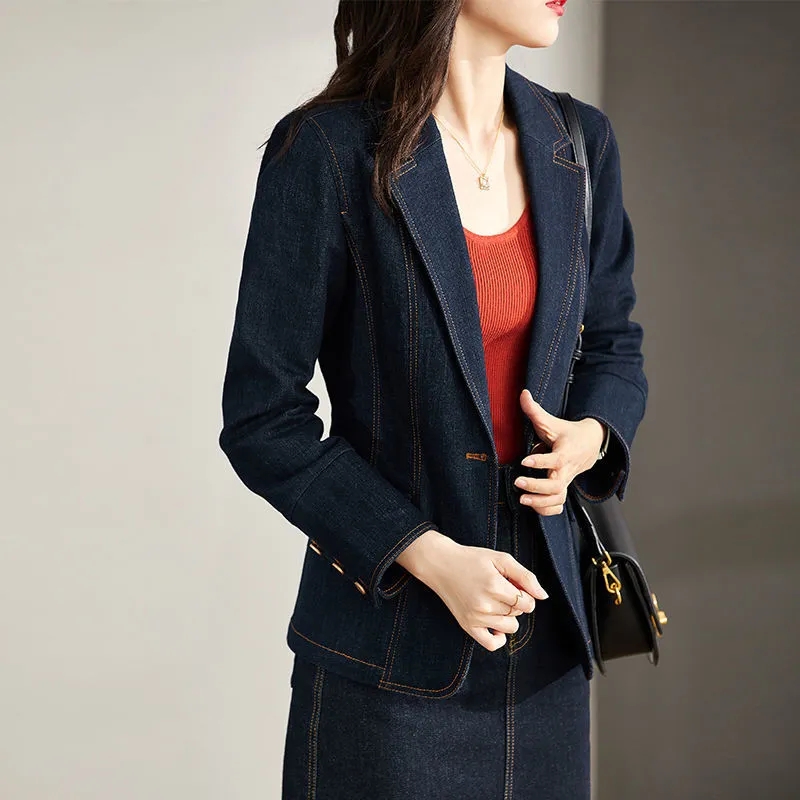 Spring Autumn Denim Blazer Women's Long Sleeved One Button Short Jeans Jacket Ladies Slim Cowboy Coats Outerwear Female