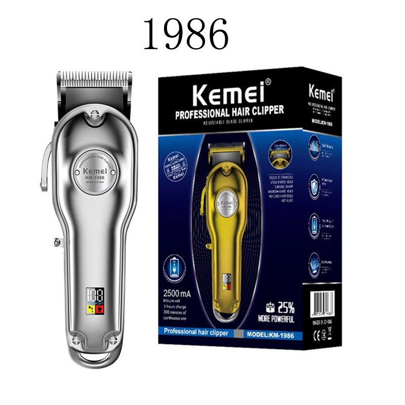 Kemei km -1986 + pg frisør hårklipper fræser elektrisk trådløs hårtrimmer hårklipper helt metal: Sølvæske 1986