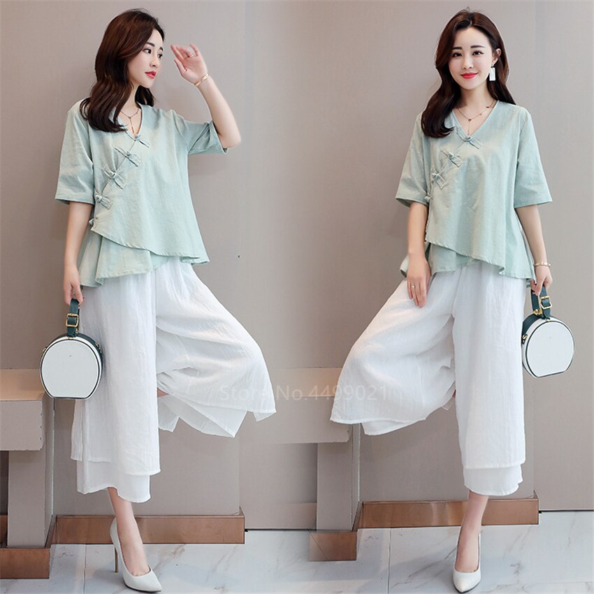 Summer Women Chinese Tai Chi Uniform Traditional Retro Casual Yoga Zen Short Sleeve Woman Blouse Trousers Solid Hanfu Tea Set