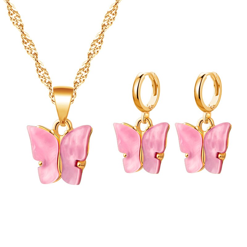 ZWC Butterfly Women's Earrings Necklace Set Acrylic Butterfly Earrings Animal Sweet Colorful Earrings Girls Jewelry: Pink