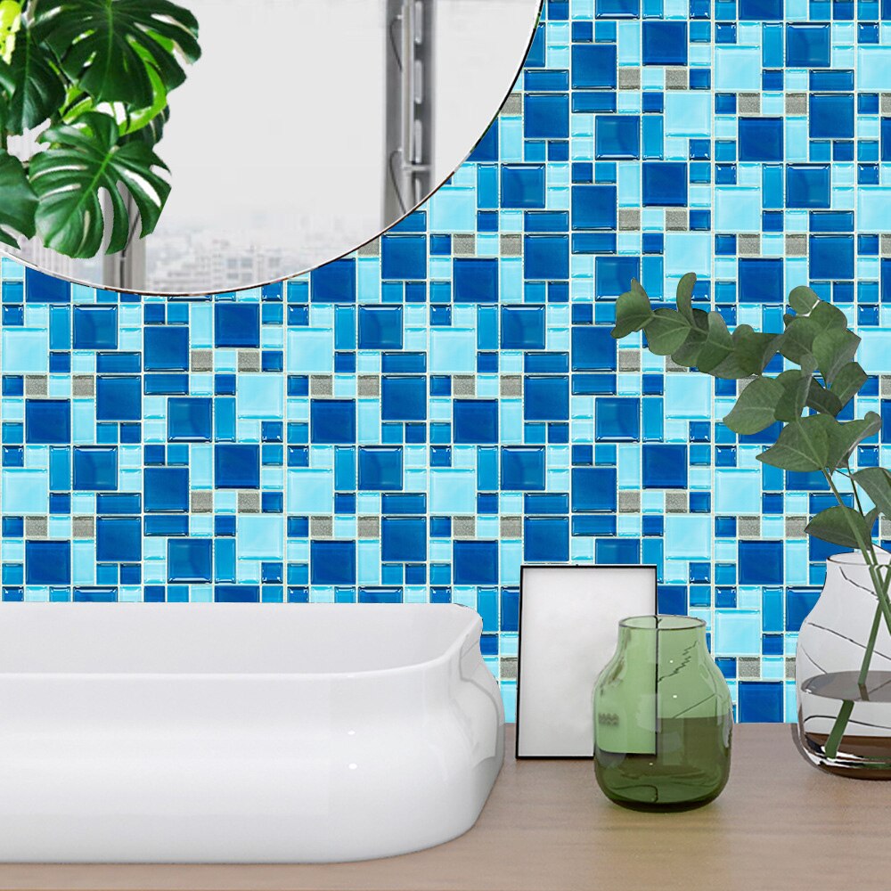 10 stk / sæt blå mosaik hårde fliser gulvvæg klistermærke køkken badeværelse bordindretning tapet skræl & stick slidstærk kunst vægmaleri