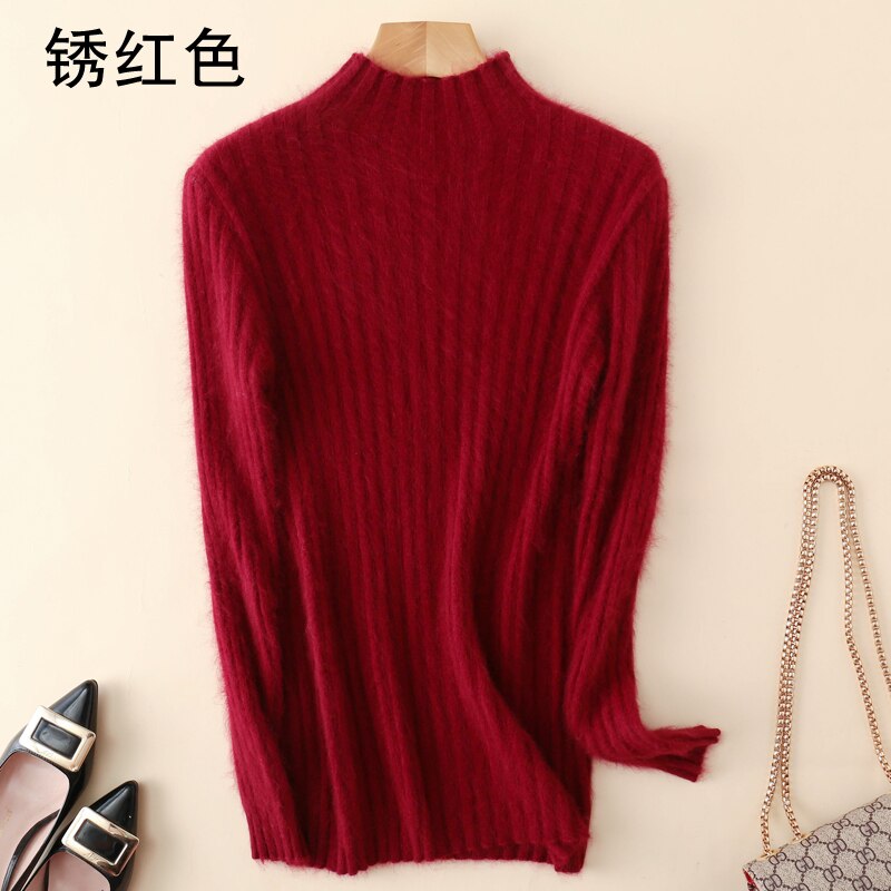 Varm 100%  mink kashmir sweater strikkede pullovere til kvinder vinter høj elasticitet bløde toppe høj krave afslappet basisk dameskjorte