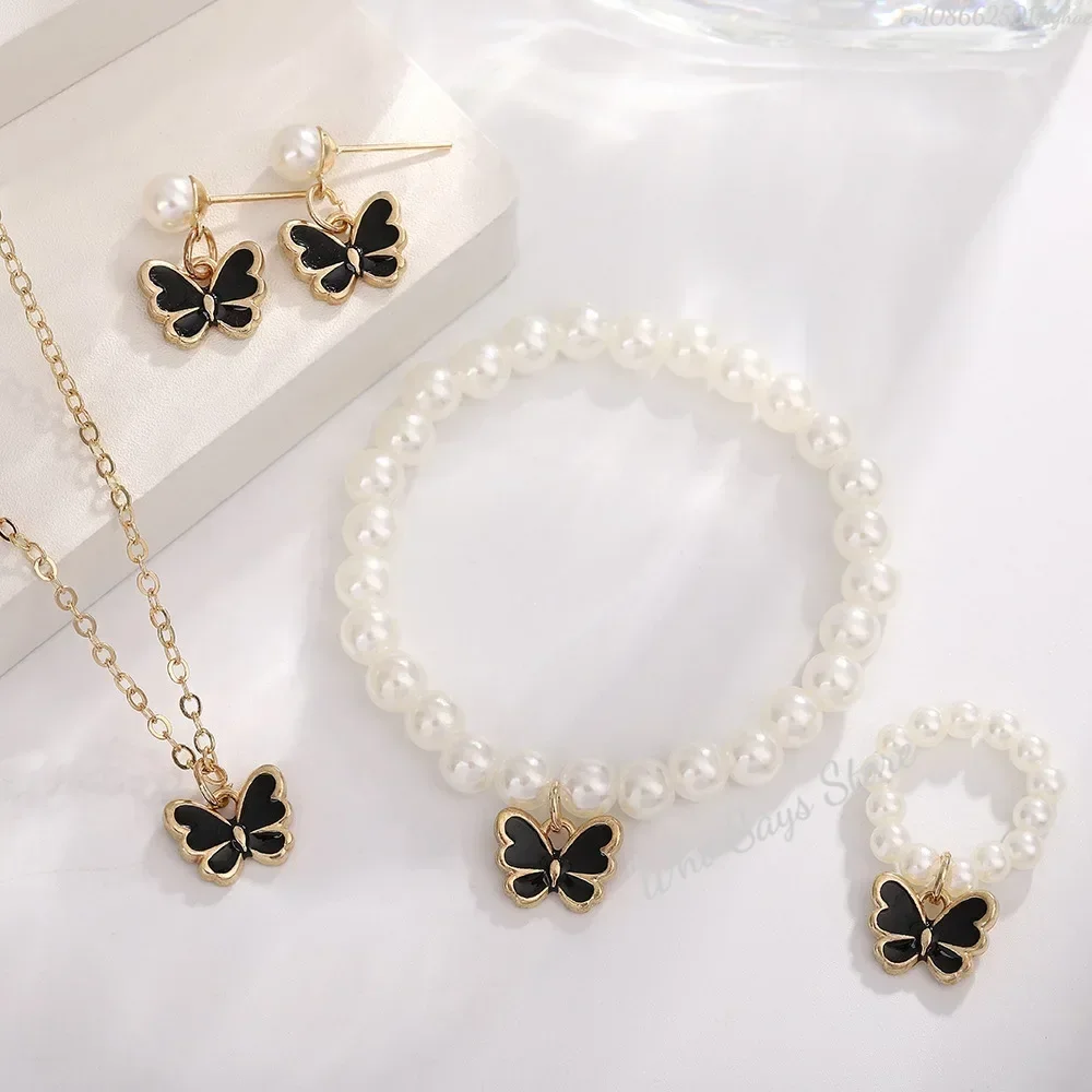 Ensembles de bijoux papillon en cristal acrylique, Bracelet romantique, bague, collier, boucles d'oreilles, accessoires pour robe de dîner de mariage pour femmes: COULEUR OR ROSE