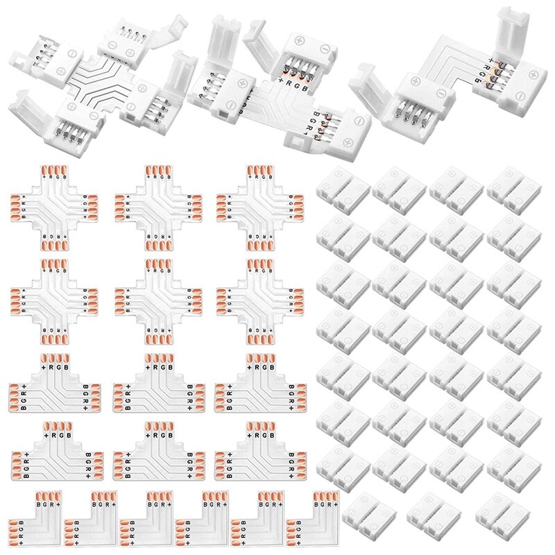 YO-LED Strip Lights Connectors 4-Pin RGB Strip Lights Connectors T-Shape Solderless LED Connectors For 5050 RGB Strip Light
