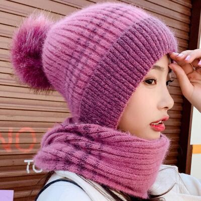 Vinter tykk pluss kashmir varm lue kvinneskjerf fuskepels pomponger vinter kvinners strikke lue ull hatt ski 2 sett: Lilla