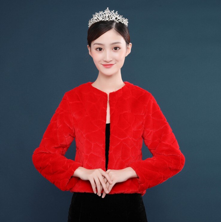Cause Long Sleeves Wedding Bolero Ivory Red Bridal Jackets Accessories Spring Woman Prom Party Coat Faux Fur Wrap: Red