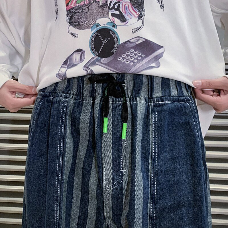 Men's Blue Striped Baggy Jeans 2022 Spring Korean Y2k Style Denim Straight Wide Leg Pants Male Branded Trousers