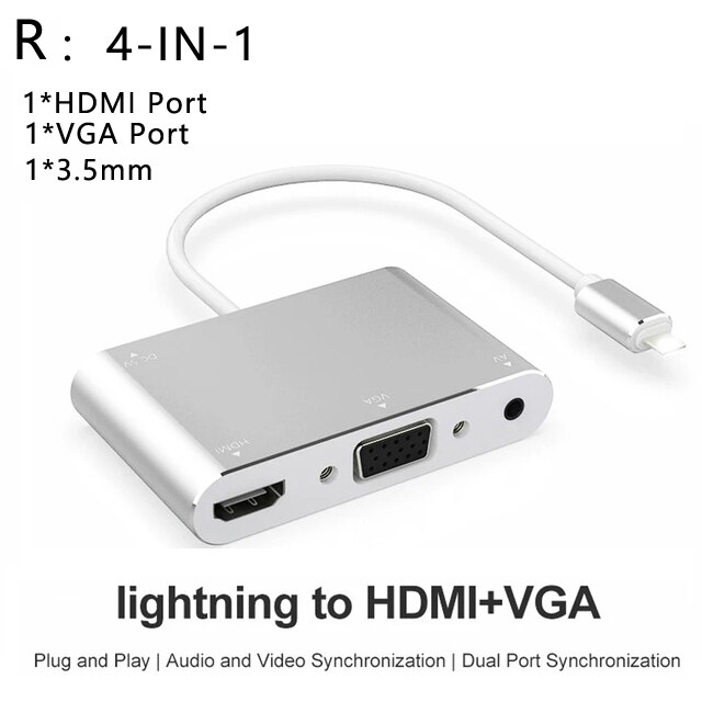For Lightning to HDMI-Compatible VGA Audio Adapter Cable for Apple iPad iPhone 8 Plus 12 Pro Max HDMI HD TV VGA 3.5mm Converter: 4-IN-1