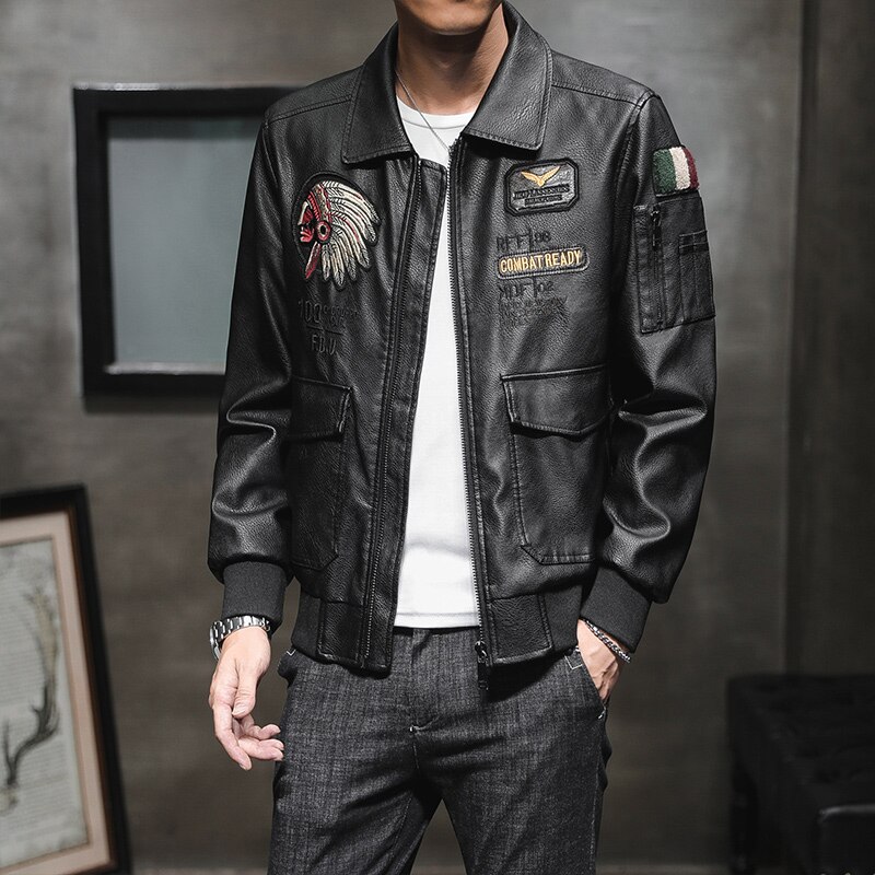 Brand Embroidery Chaqueta Cuero Hombre Zipper Pockets PU Leather Jacket Men Indian Avatar Slim Fit Biker Jackets Coats