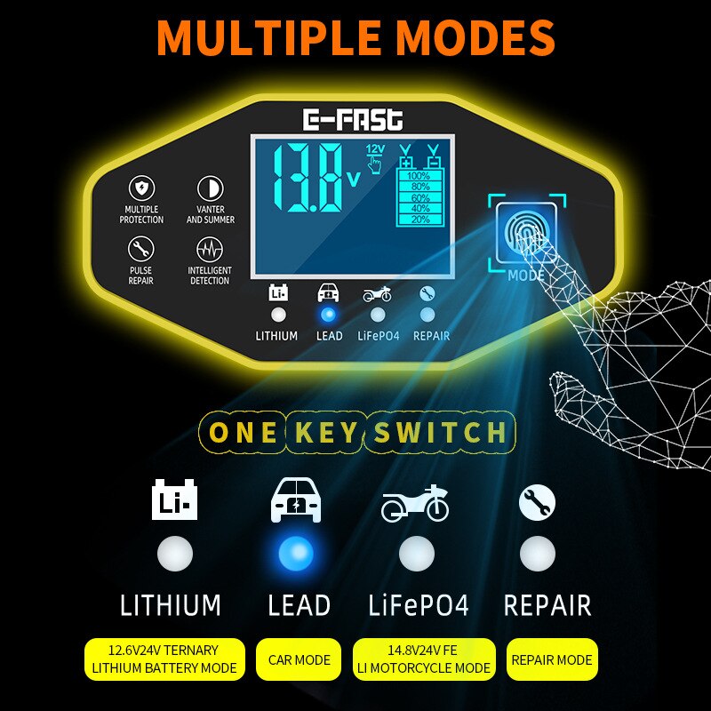 12V 24V Car Motorcycle Battery Charger Lithium Iron Lithium Charger Memory Function Fast Charging Repair
