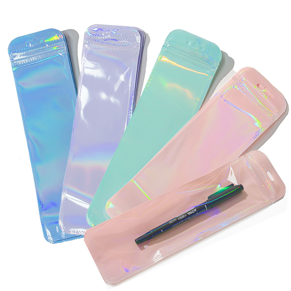 50 Uds. Bolsas holográficas largas de color rosa, bonita bolsa Ziplock para collar, joyería, delineador de ojos, bolígrafos, almacenamiento de embalaje de exhibición para pequeñas empresas