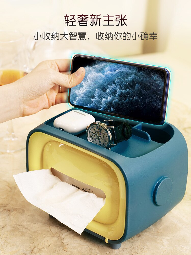 Office Desktop Multi-function Paper Towel Box Simple Plastic Storage Paper Drawing Box Paper Towel Distributor: Blue