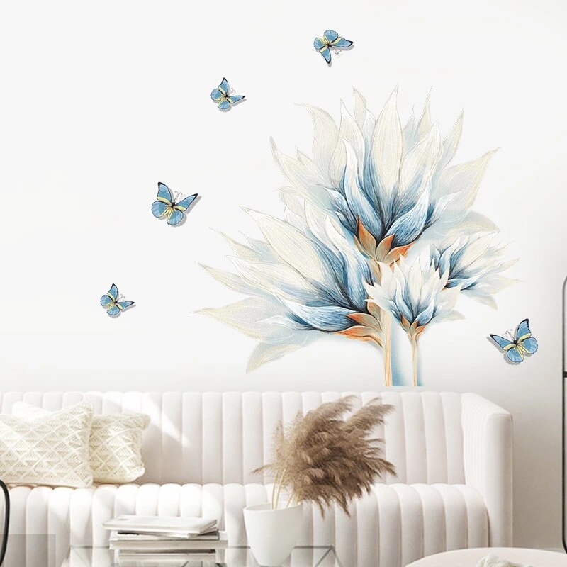 Wall Watercolor Blue Butterfly Flower Living Room Grandado wall-watercolor-blue-butterfly-flower-living-room-grandado