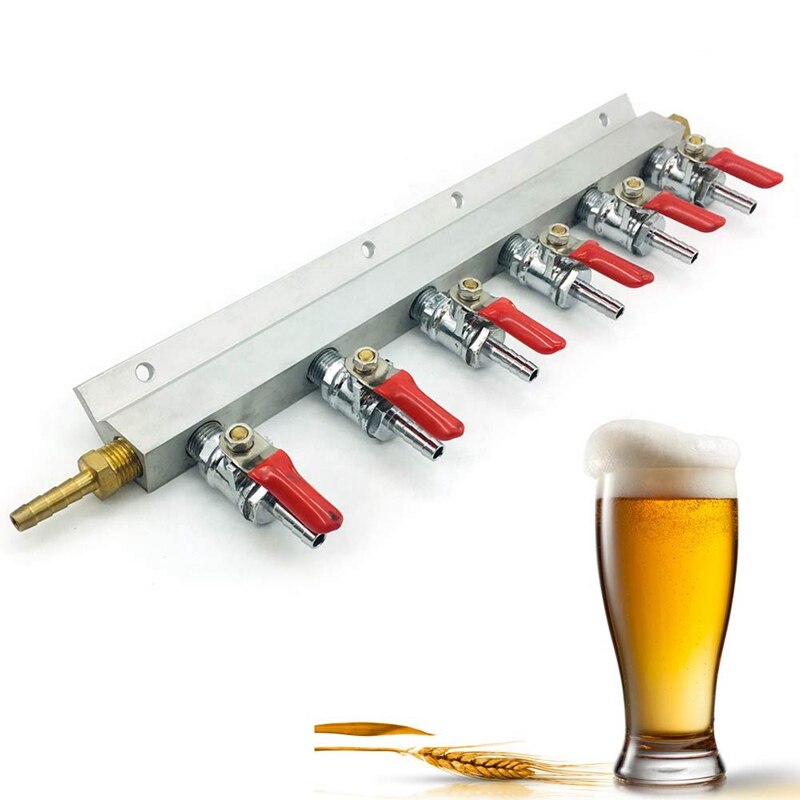 6 Way Aluminum CO2 Gas Distribution Manifold Splitter 1/4 Inch Barbed Inlet and Outlets Homebrew Beer Kegerator CO2 Splitter