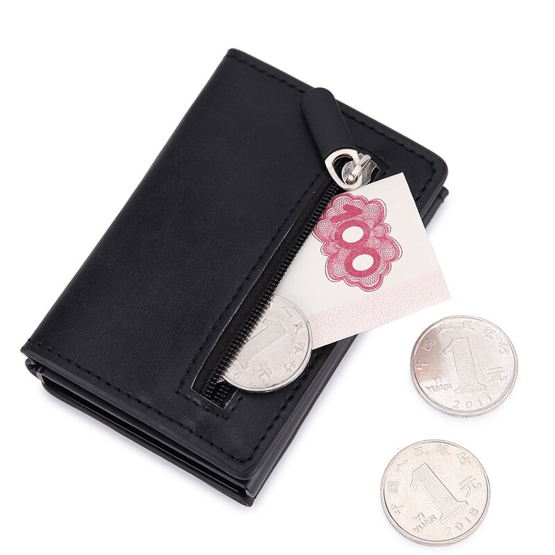 DIENQI Anti Rfid id Card Holder Case Men Leather Metal Wallet Male Coin Purse Women Mini Carbon Credit Card Holder With Zipper: black