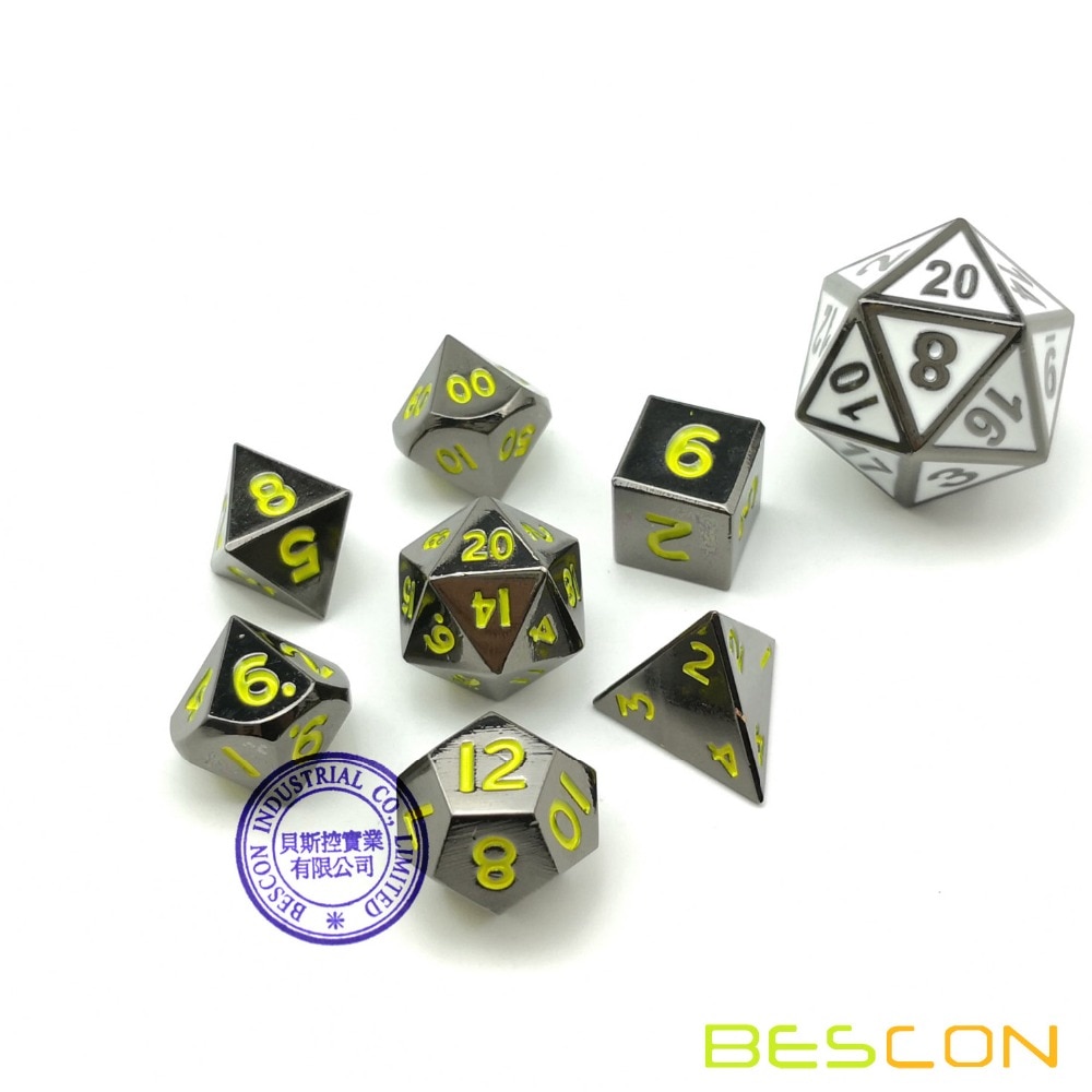 Bescon 10 MM Mini Solide Metalen Dobbelstenen Set Glossy Zwart met Gele Nummers, mini Metallic Polyhedral D & D RPG Miniatuur Dobbelstenen 7-sets