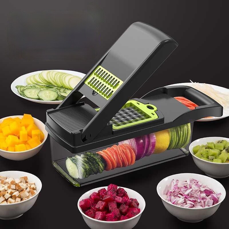 Picadora de verduras con contenedor, rebanador de alimentos, cebollas, patatas y ensaladas, utensilios de cocina, accesorios, artículos para el hogar