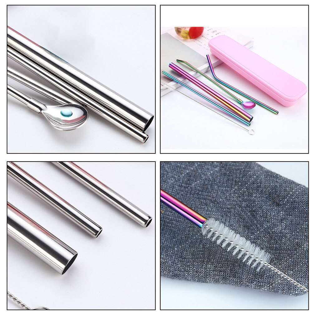 Set van 4 herbruikbare drinkrietjes van roestvrij staal, recht gebogen, breed melkrietje, pipetlepelset met reinigingsborstel en etui