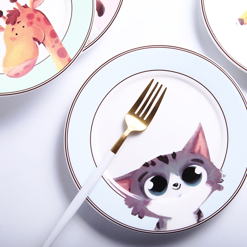 Plato de cerámica redondo de dibujos animados de 8 pulgadas, vajilla de porcelana para niños, estilo occidental, bandeja para carne, fruta, postre, frutos secos, platos para aperitivos