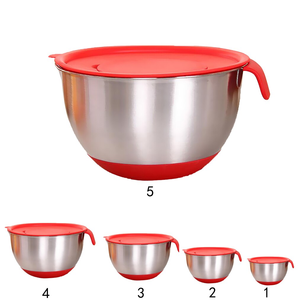 Stainless Steel Mixing Bowl Set with Non-Slip Silicone Bottom, Handle, Lid, Measurement Marks, 5 Sizes Chooese