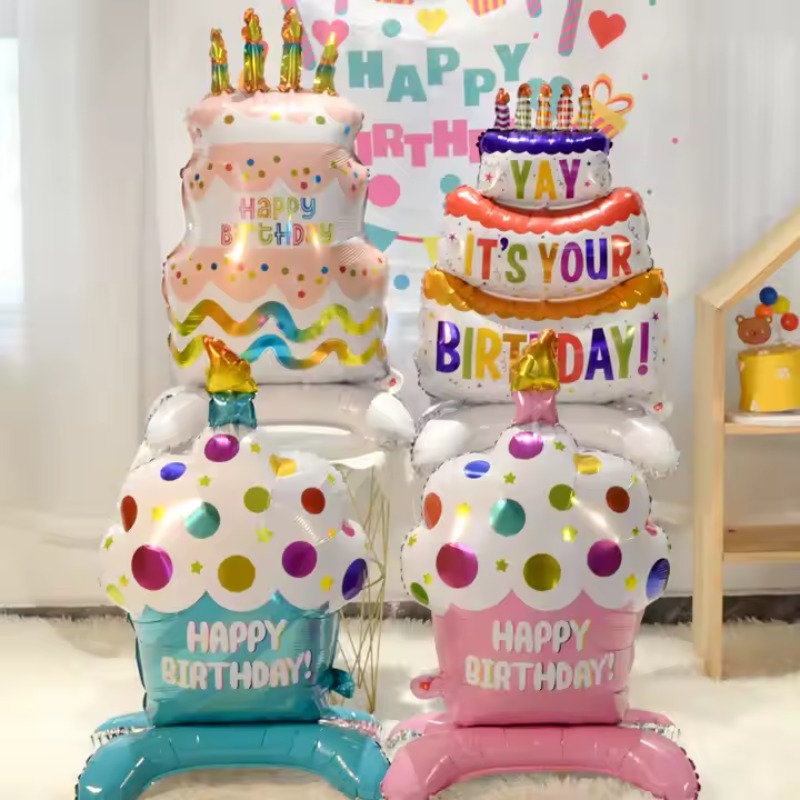 Globo de pastel de cumpleaños con Base, globo de aluminio de pie, bonito globo de pastel, suministros de decoración para de cumpleaños para niños y niñas, Baby Shower