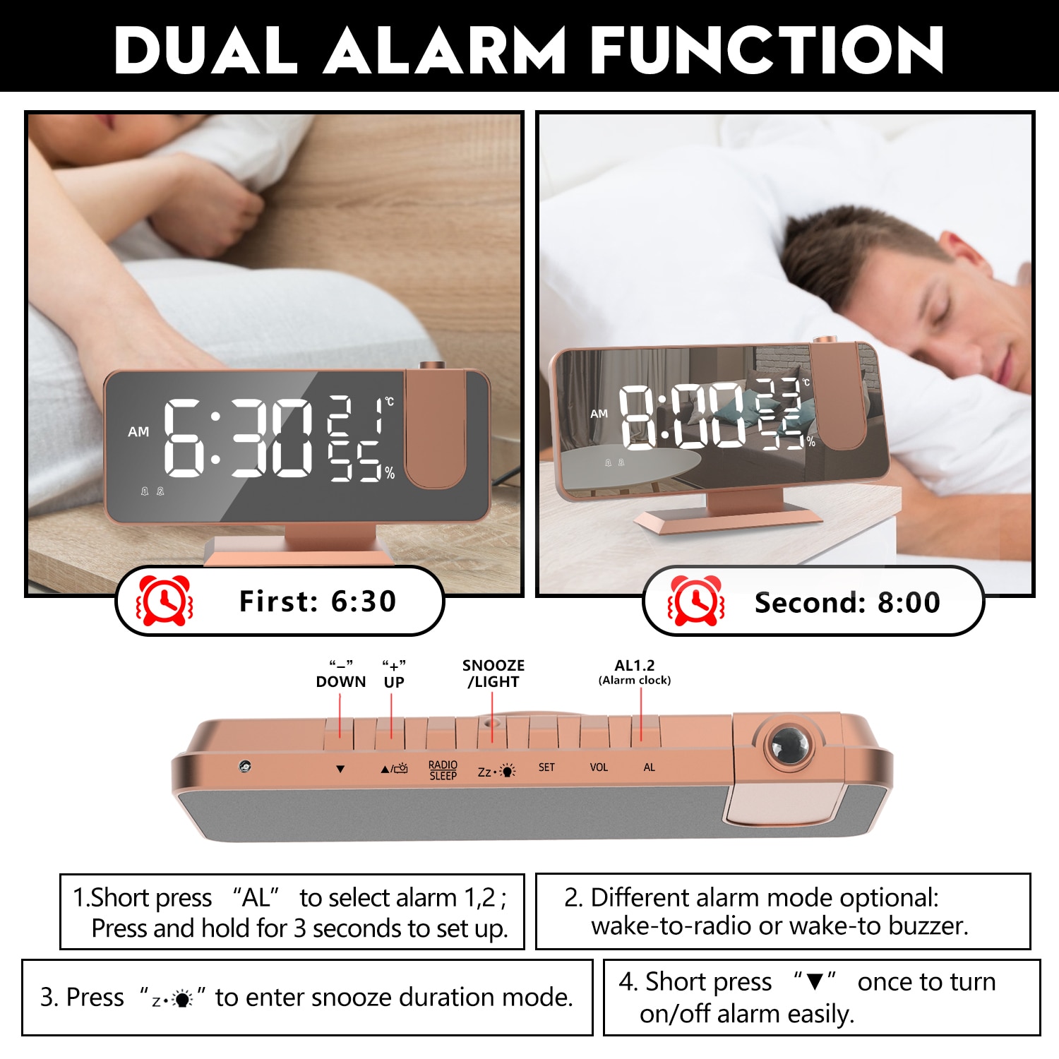 Radio-réveil Fm avec minuterie de sommeil, double Port Usb, affichage numérique avec gradation, Volume réglable (blanc)