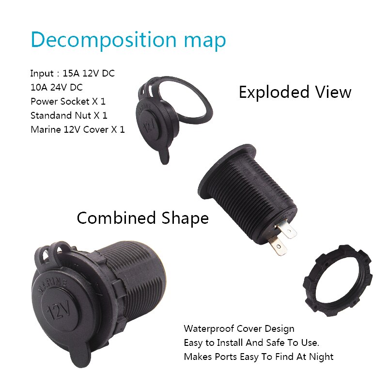 12V 120W Motorcycle Car Boat Tractor Accessory Waterproof Cigarette Lighter Power Socket Plug Outlet Charger for Mobile phone