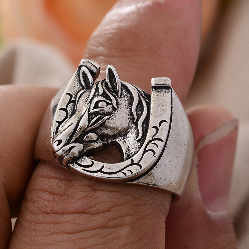 Anillos de Unisex de plata tailandesa con cabeza de caballo y herradura Vintage, joyería Original para mujeres y hombres,