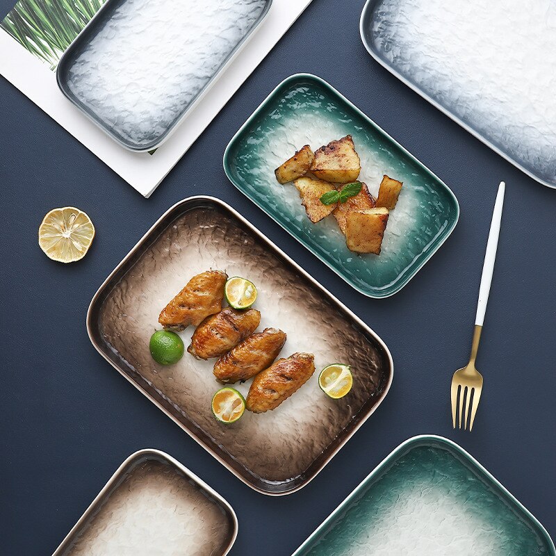 Ceramic household tableware high temperature glaze underhand color 10 inch rectangular plate simple plate unevenness fa