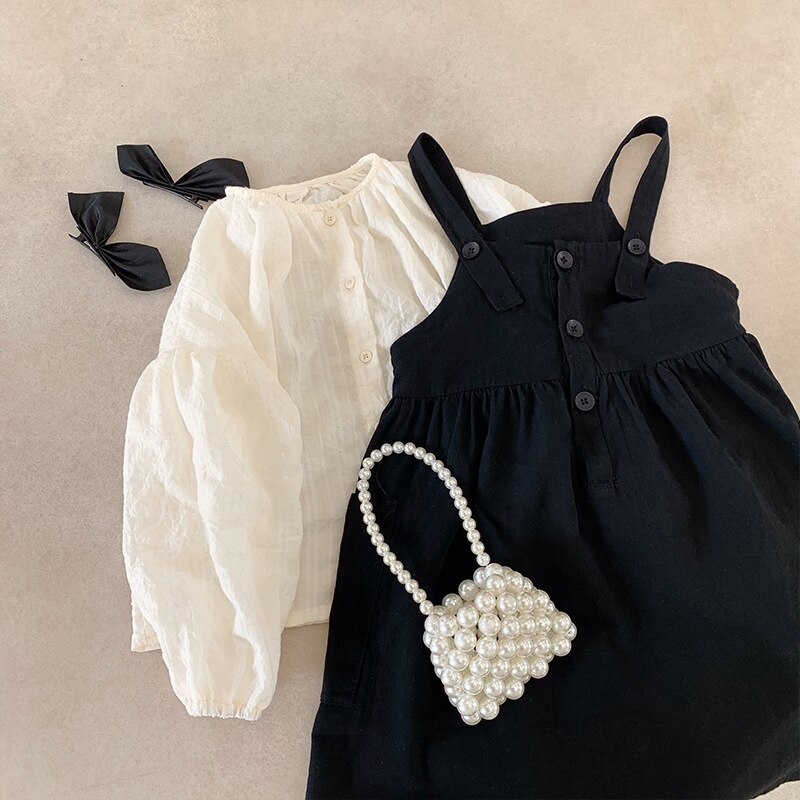 Meisjes Lente Mode Witte Blouse En Zwarte Overalls Jurk Kinderen Alle-Match Outfits 2 Stuks Sets: 3T