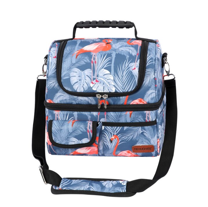 DENUONISS Druck Frauen Mittagessen Tasche Faltbare Tragbare Damen 2 Fach Picknick Tasche Isolierte Thermische Kühltasche Für Lebensmittel: Flamingo