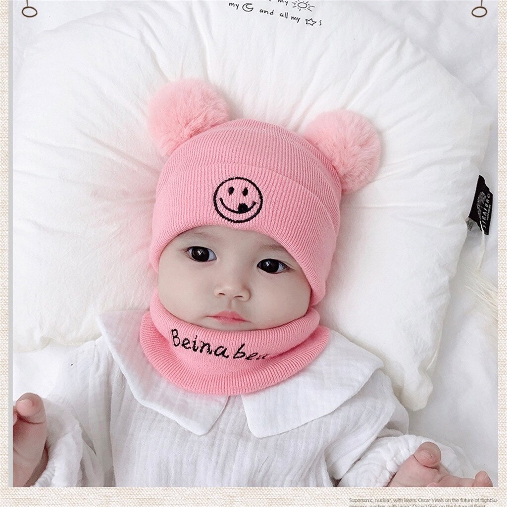 Conjunto de dos piezas de bufanda y sombrero de punto para niños, gorros de para chicas con estampado para el hogar, sombreros de bebé cálidos para invierno, sombreros para bebé niña # p30