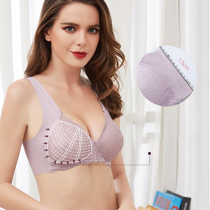 Women Seamless Sports Bra Adjustable Front Closure Elastic V-neck Push Up Underwear Lace Trim Sports Bras Women's Sportswear