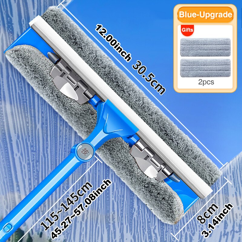 Cepillo de limpieza de mango largo, limpiador de ventanas, escurridor de vidrio, varilla telescópica, herramienta de limpieza de vidrio de doble cara para el hogar con paño: Large Blue