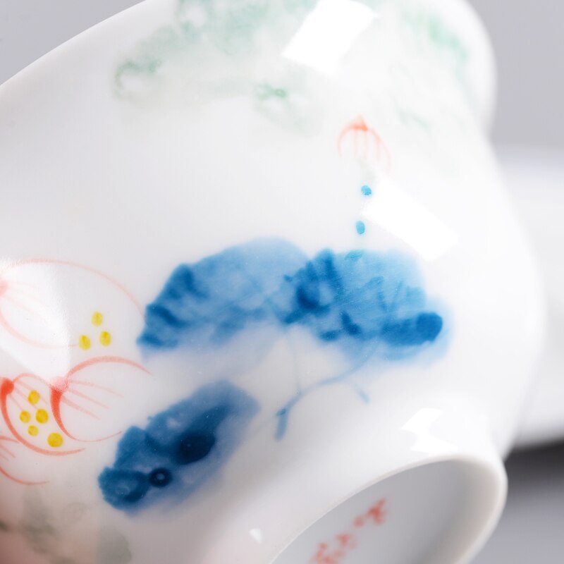 Pure Hand-Painted Colorful Lotus Sancai Cover Bowl Underglaze Ceramics Gaiwan Thin Tire Tea Maker Tea Accessories