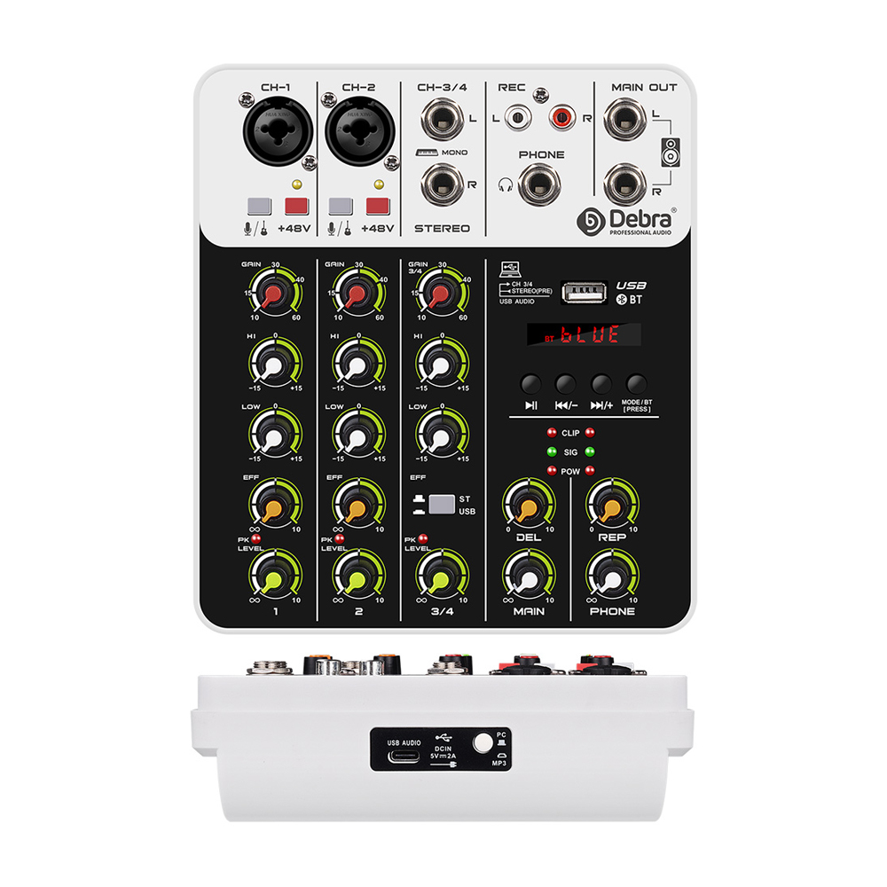 V8 Audio Interface Mixer with Bluetooth 5.0 Phantom Power for Computer Recording, Stage, Band Delayed Replay Effects DJ Mixer: WHITE