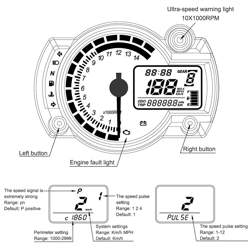 Instrumento del velocímetro de la motocicleta de 7 colores, odómetro del medidor del tacómetro Digital LCD con luz de advertencia de fallas para RX2N 4 cilindros