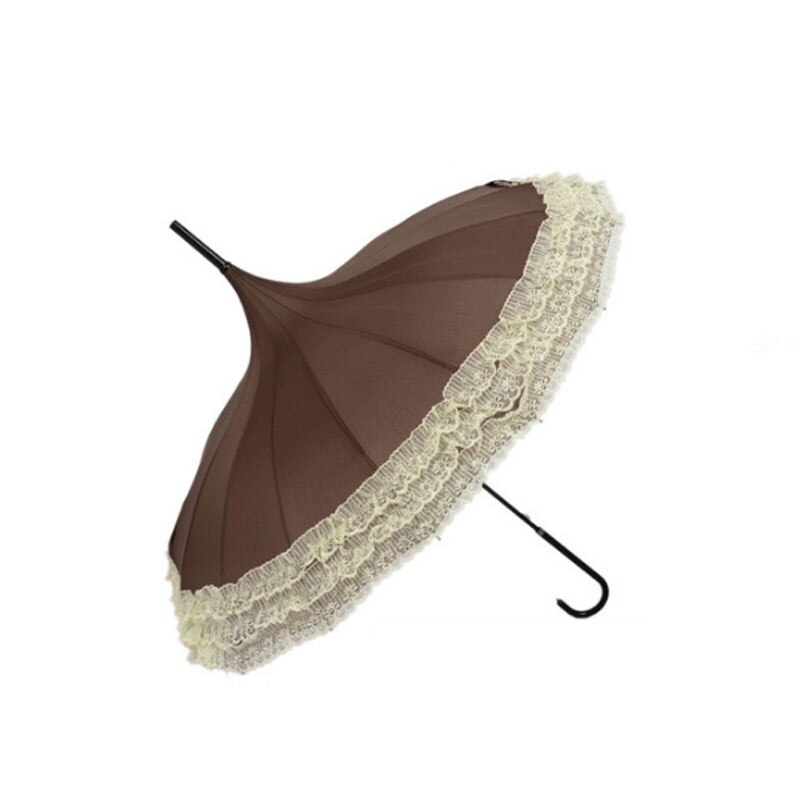 Princess Lace Pagoda Umbrellas For Straight Bar Semi Automatic Long Handle Hook Rain Gear Lady Sunshade Unbrellas Women Parasol: Coffee