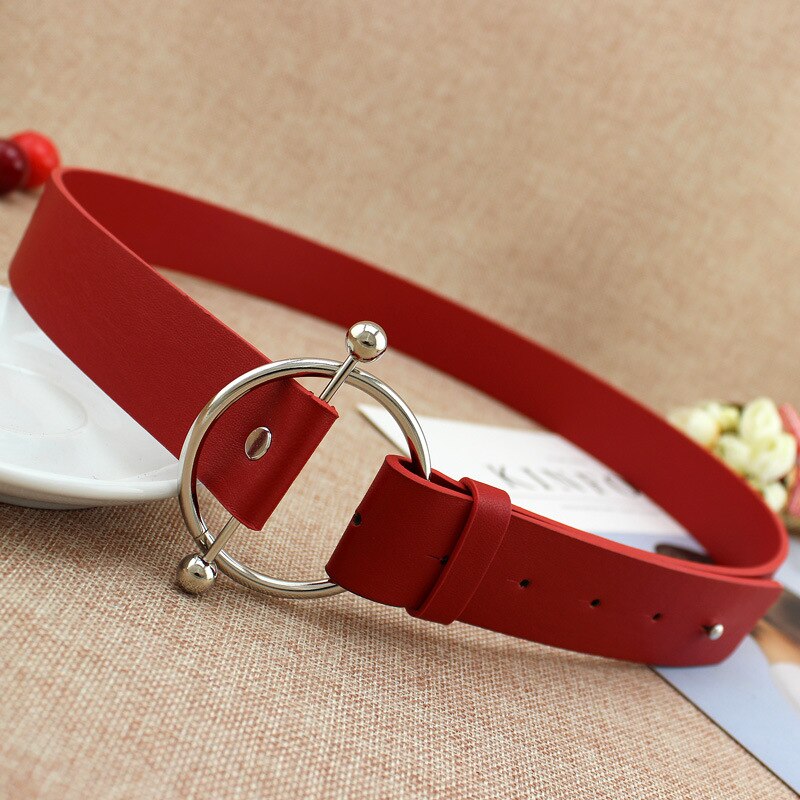 Newest Silver Round buckle belts woman women's belts without pin metal buckle black leather strap belt dames riemen: Red