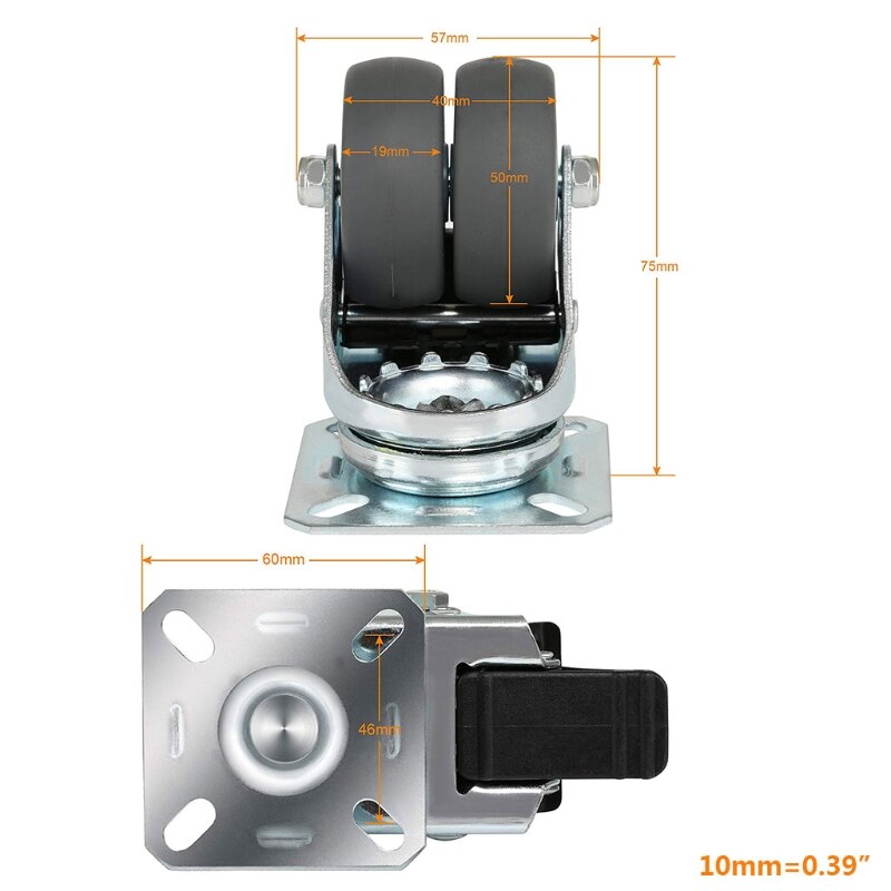 2 inch Caster Wheel with Brake Locking and Rubber Wheels, Heavy Duty Swivel Plate Caster for Trolley Furniture