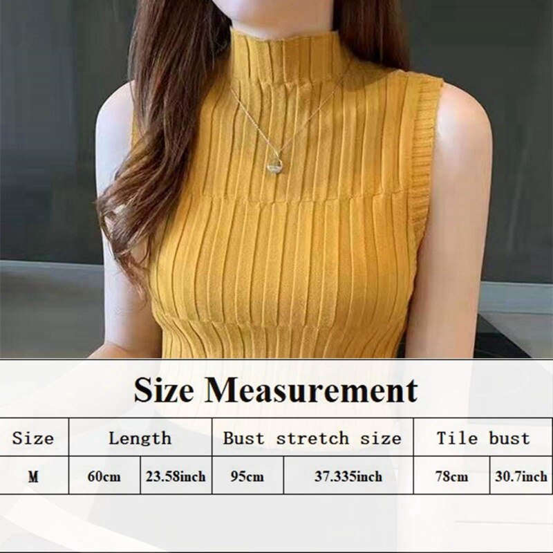 T-shirt col roulé sans manches pour femme, haut moulant en tricot, de , collection été automne