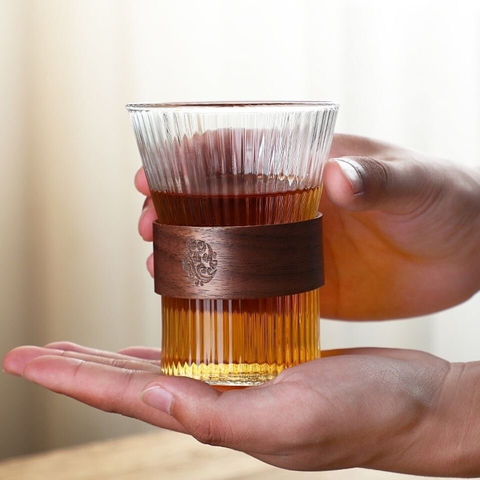 Creatieve Bamboe En Hout Glas Koffie Set Hoge Waarde Ins Wind Licht Luxe Retro Afternoon Tea Cup Luxe water Cup